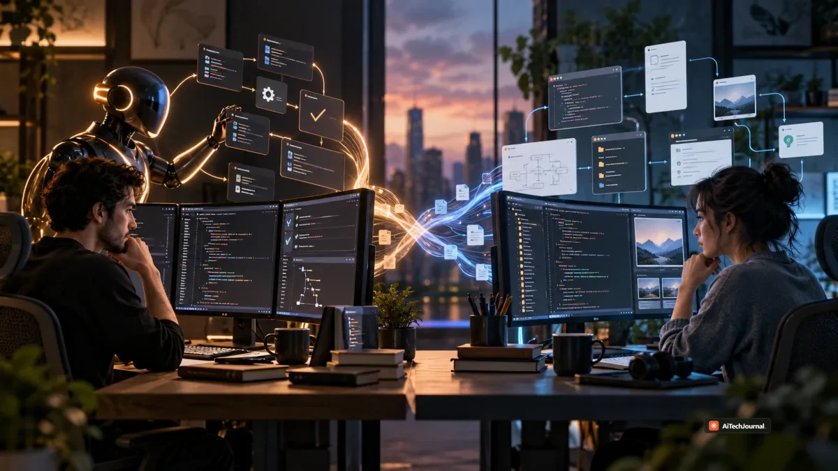 AI-generated editorial illustration showing two distinct coding-agent workflows connected to repository and task flows, representing the practical differences between Claude Code and OpenAI Codex.