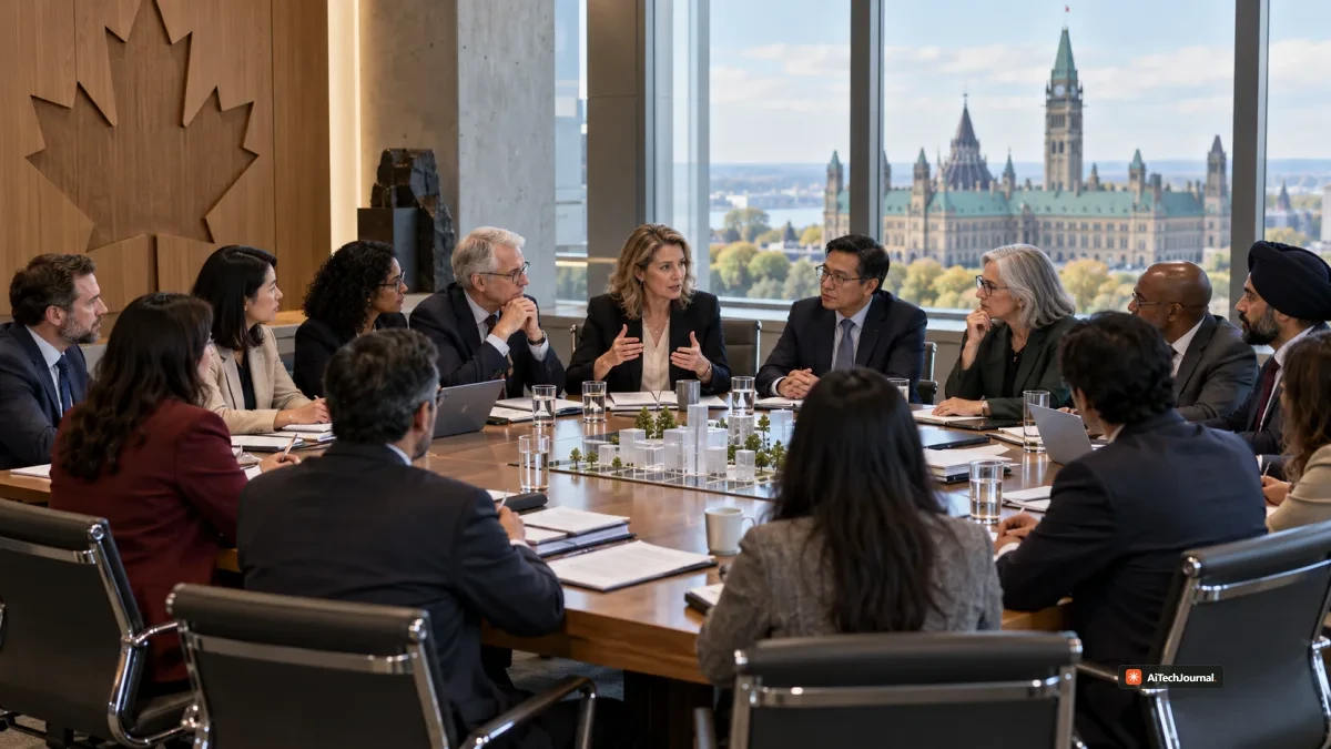 AI-generated editorial illustration showing Canadian policy and technology leaders in a strategy meeting with Parliament visible in the background, representing the national AI council and AI for All strategy.