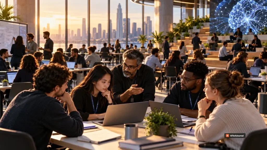 AI-generated editorial illustration showing engineers collaborating in a modern AI training environment, representing enterprise deployment training and the Claude Frontier Academy initiative.