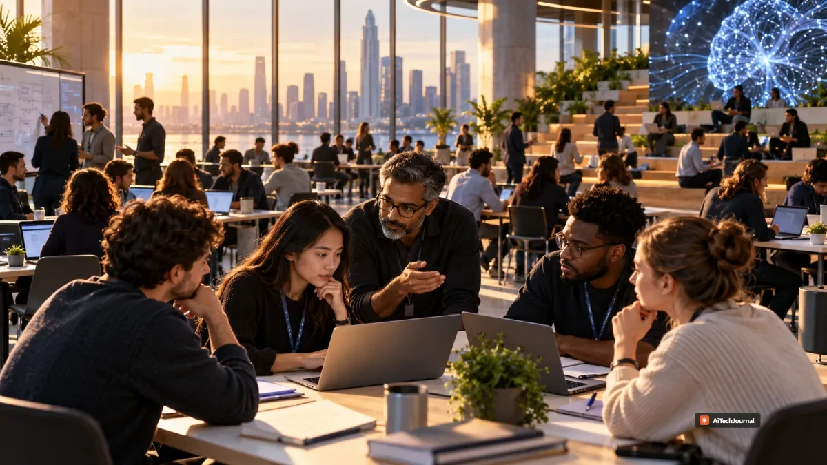 AI-generated editorial illustration showing engineers collaborating in a modern AI training environment, representing enterprise deployment training and the Claude Frontier Academy initiative.