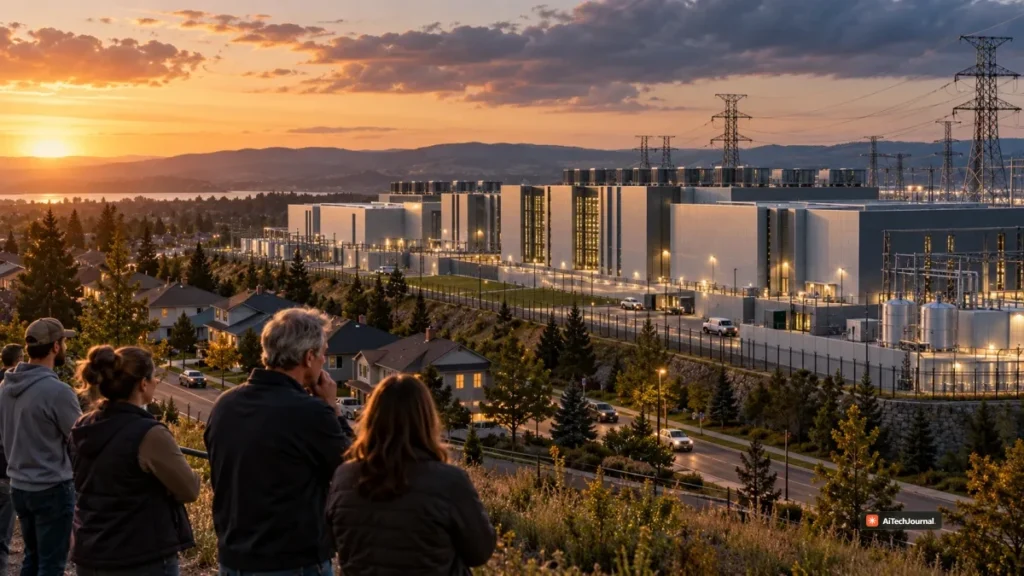 AI-generated editorial illustration showing a large data-center campus beside a rural residential community and power infrastructure at sunset, representing rural data-center investment and Opportunity Zone incentives.