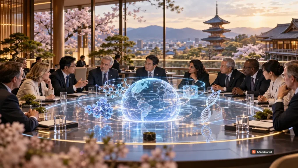 AI-generated editorial illustration showing international science and technology officials meeting in Kyoto around a conceptual global research display, representing the Kyoto Vision for superintelligence in science.