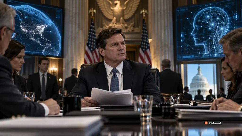 AI-generated editorial illustration showing a senior U.S. official in a national-security briefing room with conceptual AI strategy displays, representing the new Super Intelligence Force.
