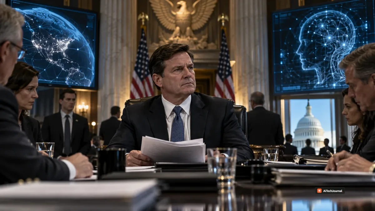 AI-generated editorial illustration showing a senior U.S. official in a national-security briefing room with conceptual AI strategy displays, representing the new Super Intelligence Force.