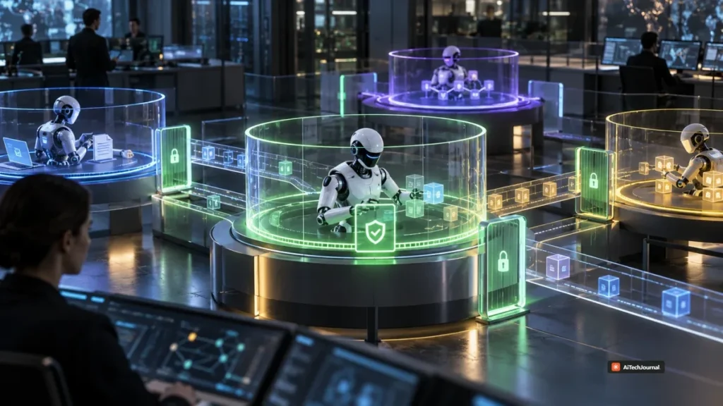 AI-generated editorial illustration showing autonomous AI systems operating inside supervised security boundaries and monitored runtime zones, representing infrastructure-level controls for agent safety.