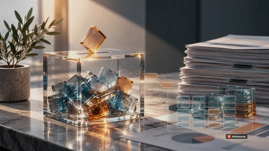 Editorial illustration of stock-based charitable matching transferring equity blocks from a corporate ownership stack into a charitable trust, representing shareholder dilution.