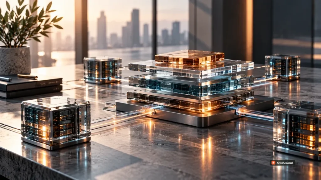 Premium editorial image of a layered enterprise AI infrastructure stack connecting central compute to surrounding business systems, illustrating Meta's new enterprise platform strategy.