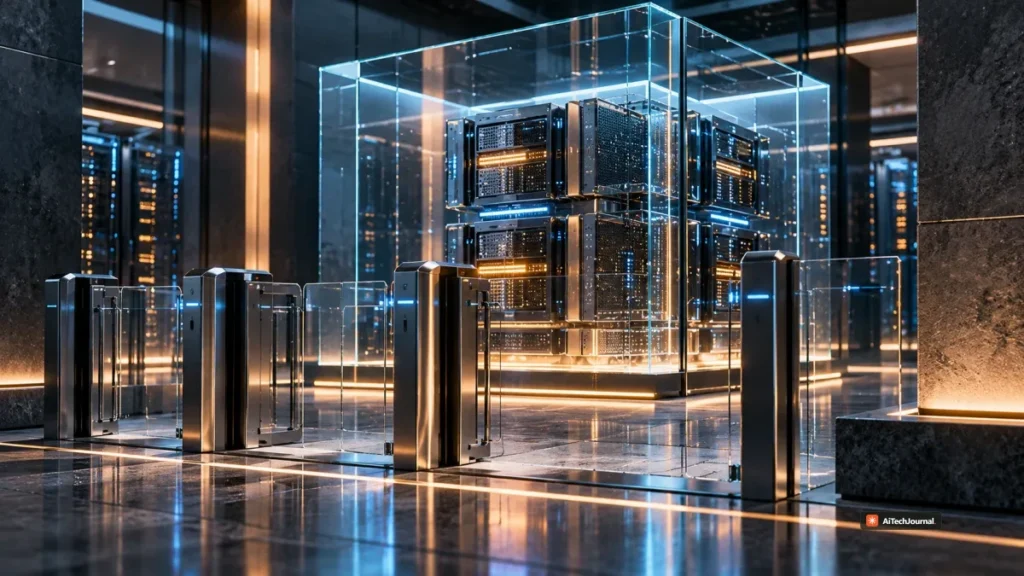 Premium editorial image of high-value AI compute enclosed behind layered physical access controls in a secure data center, illustrating restricted cybersecurity access for trusted defenders.