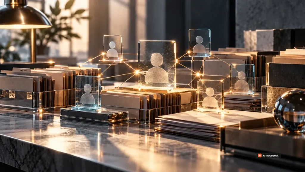 Premium editorial image of persistent relationship records represented as linked personal archive cards and physical files, illustrating AI memory about people around a user and the resulting privacy questions.