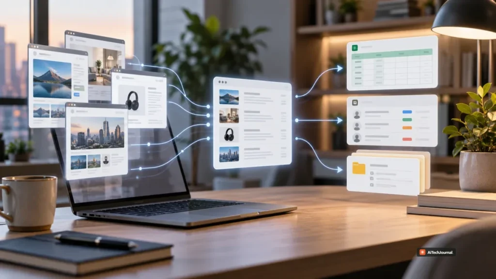 Editorial illustration of browser pages feeding extracted web data into a structured workflow that routes results to spreadsheets, contact records, and files, reflecting Bardeen's browser automation and scraping workflow.