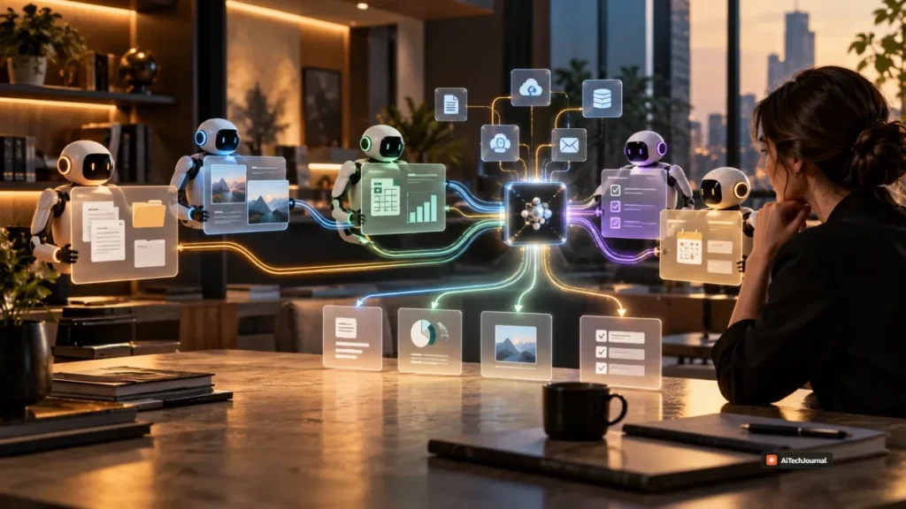 Editorial visualization of multiple specialized AI workstreams branching from a shared orchestration hub, reflecting Relevance AI's low-code multi-agent workflows, handoffs, and business automation.