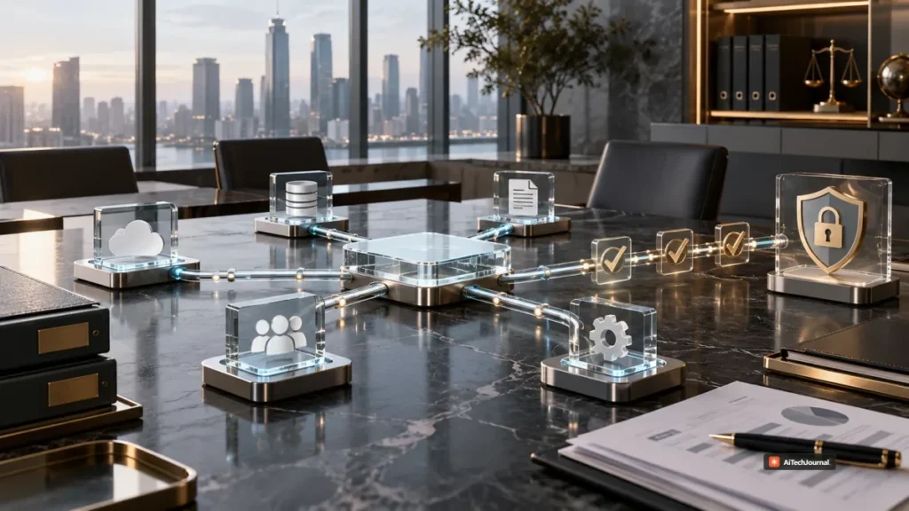 Editorial visualization of enterprise systems, data sources, approvals, and governance controls connected through a central automation layer, reflecting Workato's integration, orchestration, and governance focus.