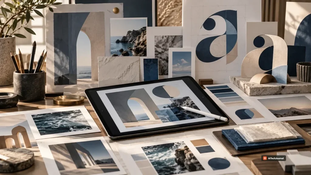 Editorial creative studio scene focused on typography, composition, image concepts, and visual design materials, reflecting Ideogram's emphasis on text-aware image generation and design workflows.