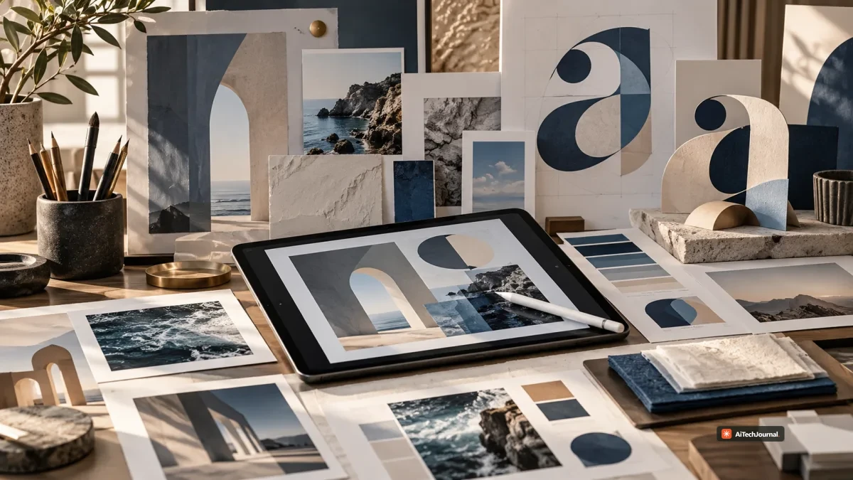 Editorial creative studio scene focused on typography, composition, image concepts, and visual design materials, reflecting Ideogram's emphasis on text-aware image generation and design workflows.
