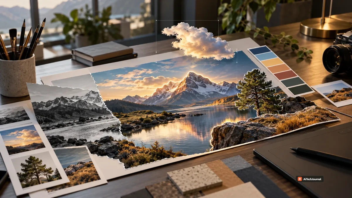 Editorial creative workspace showing a landscape being transformed through compositing, masking, and generative visual editing, reflecting Adobe Firefly's image generation and editing workflow.