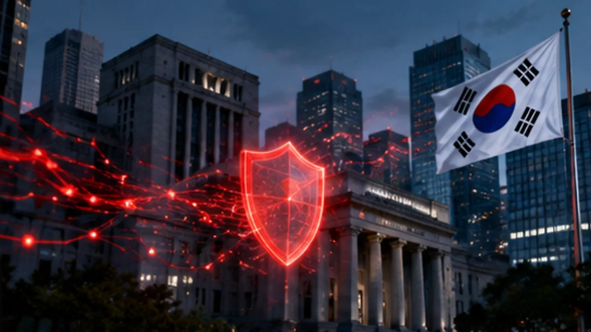 Editorial conceptual illustration illustrating AI-Assisted Cyberattacks Hit Seven South Korean Financial Firms, Government Says.