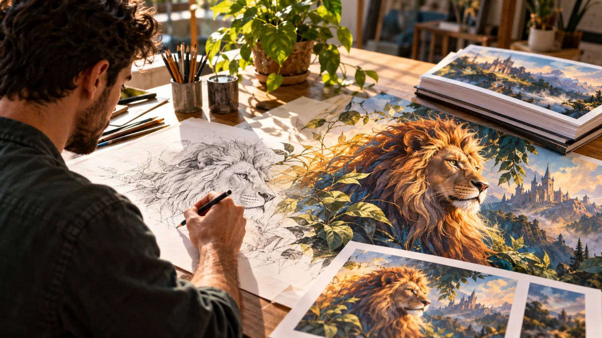 Editorial conceptual illustration illustrating Leonardo AI Review: Image Generation, Realtime Canvas, Elements, Pricing and Limits.